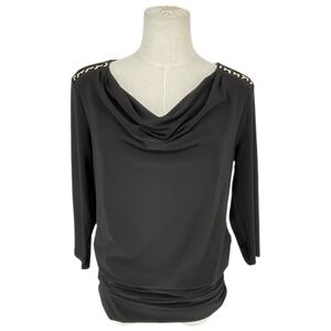 White House Black Market Black Embellished Shoulder Cowl Neck Ruched Tunic Top M